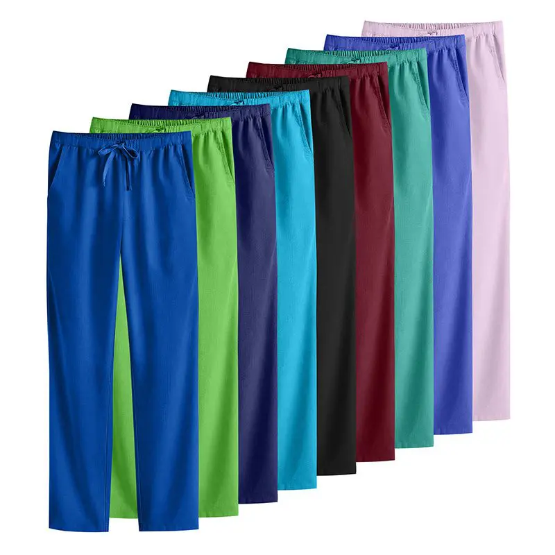 Wholesale pack of colorful elastic waistband pants in blue, green, navy, cyan, black, burgundy, teal, purple, and pink