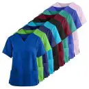 Wholesale women's scrub tops in multiple colors including blue, green, black, burgundy, teal, and pink