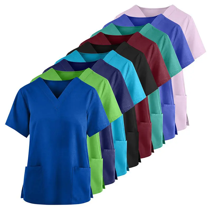 Wholesale women's scrub tops in multiple colors including blue, green, black, burgundy, teal, and pink