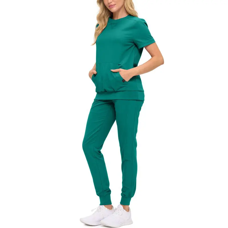 Wholesale women's teal short-sleeve top and jogger pants set with pockets