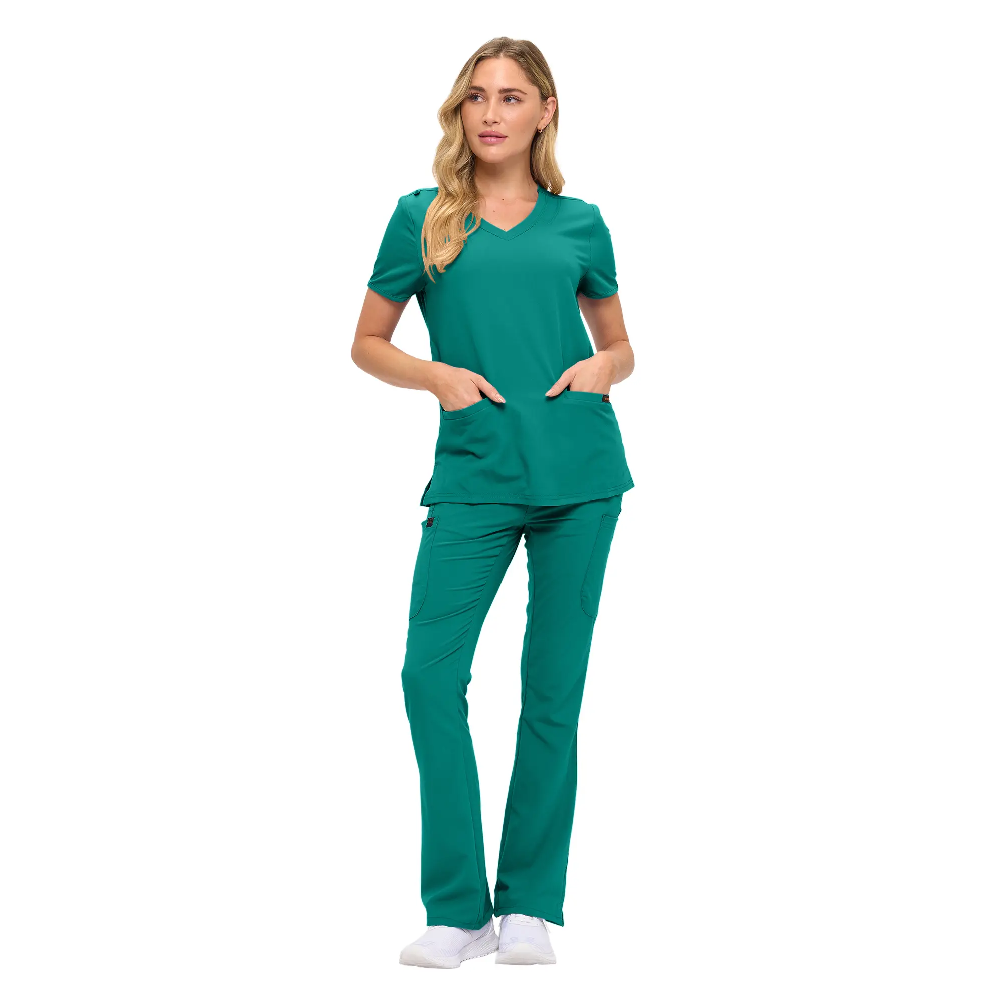 Wholesale women's teal v-neck scrub top and flare pants set with pockets