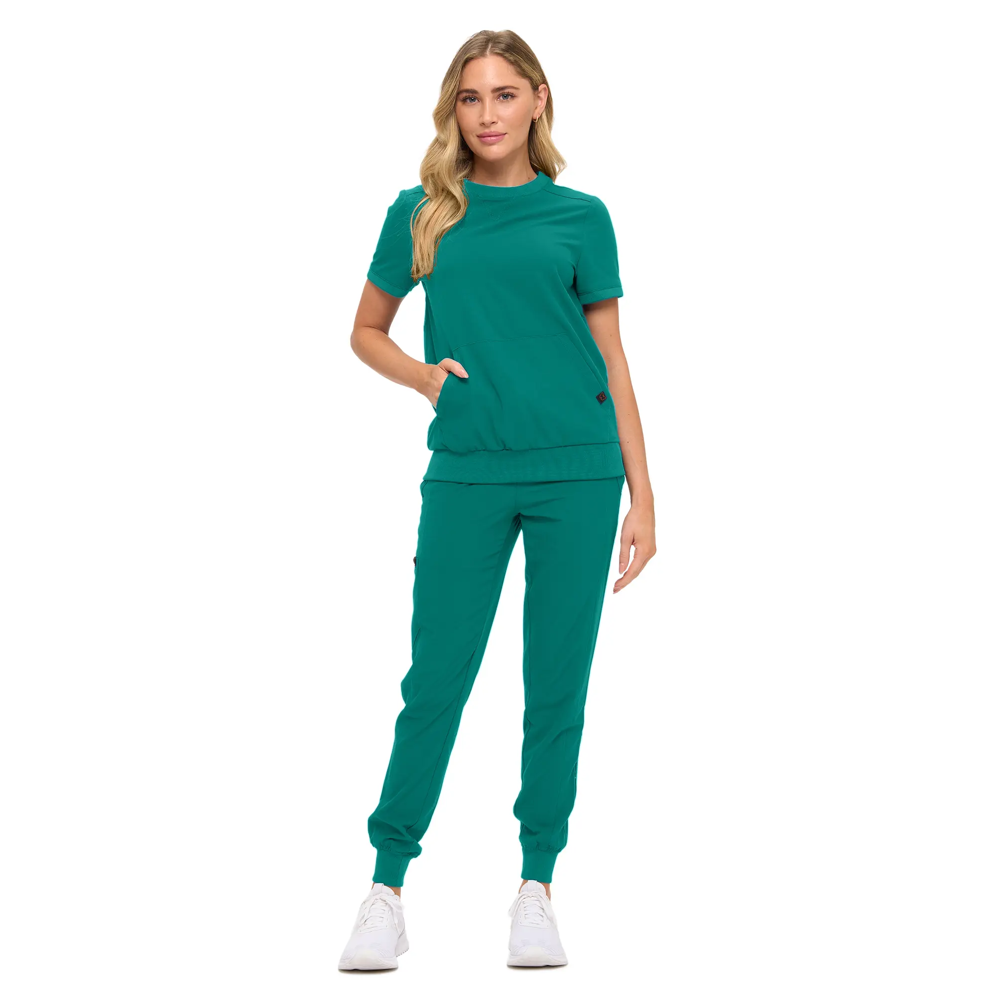 Wholesale women's teal short-sleeve t-shirt and jogger pants set with pockets