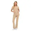 Wholesale women's beige v-neck scrub top and flared pants set with pockets