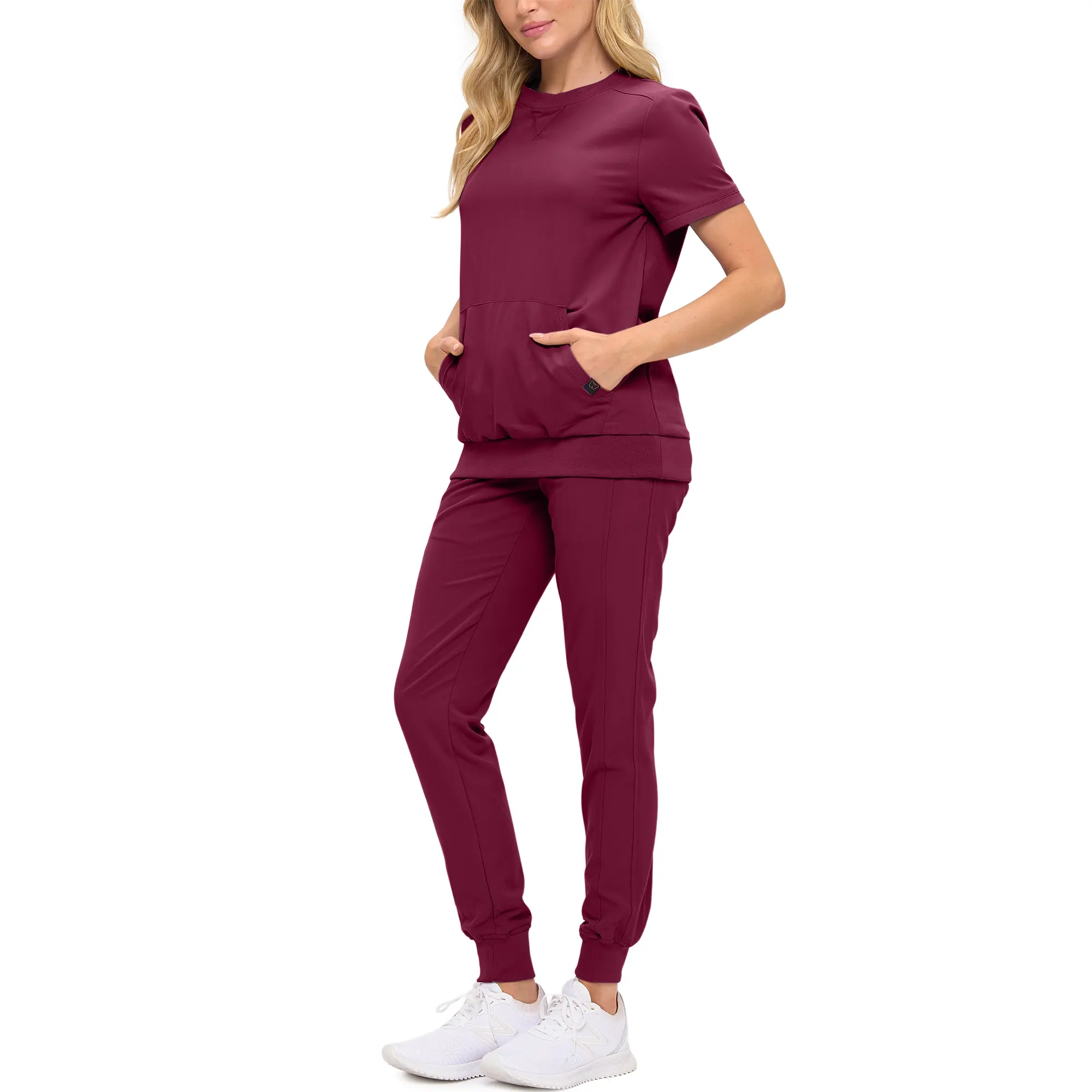 Wholesale women's burgundy short-sleeve t-shirt and jogger pants set with pockets