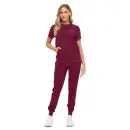 Wholesale women's burgundy short-sleeve t-shirt and jogger pants two-piece set with pockets