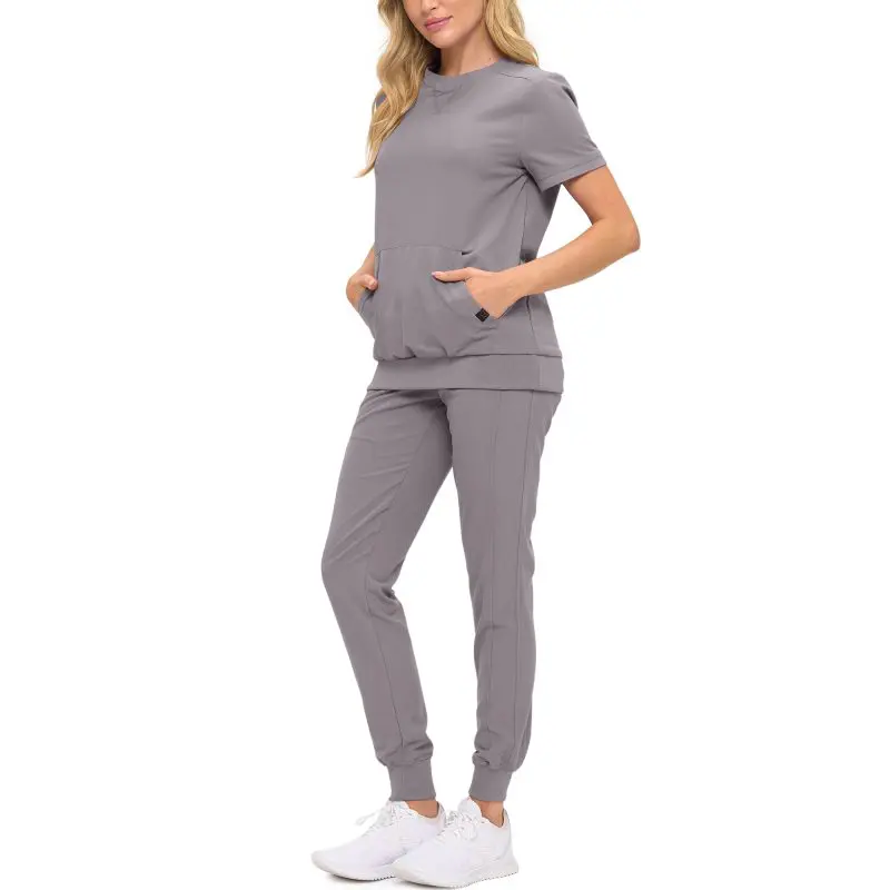 Wholesale women's gray short-sleeve t-shirt and jogger pants set with pockets