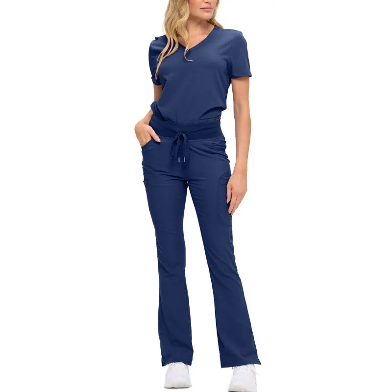 Wholesale women's navy blue scrub set with short sleeve top and flare leg pants with drawstring waist