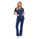 Wholesale women's navy v-neck scrub top with short sleeves and matching flare pants with pockets