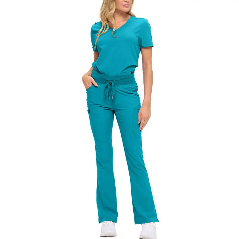 Wholesale women's teal scrub set with short sleeve v-neck top and flare leg pants with drawstring waist