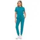 Wholesale women's teal short-sleeve t-shirt and jogger pants set with drawstring waist and pockets