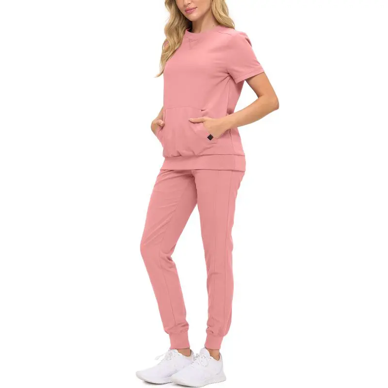 Wholesale women's pink short-sleeve t-shirt and jogger pants set with pockets