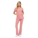 Wholesale women's pink scrub set with short-sleeve top and flare pants with pockets