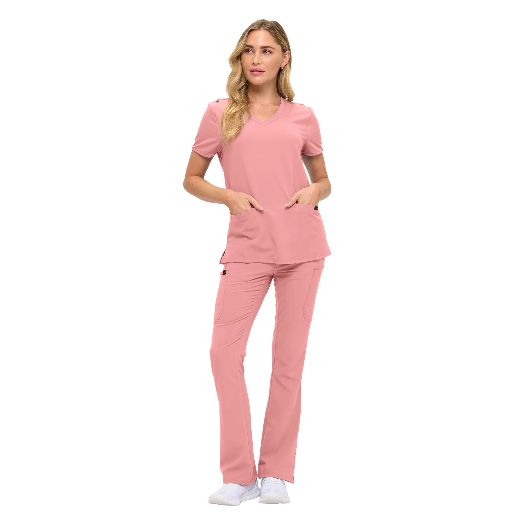 Wholesale women's pink scrub set with short-sleeve top and flare pants with pockets