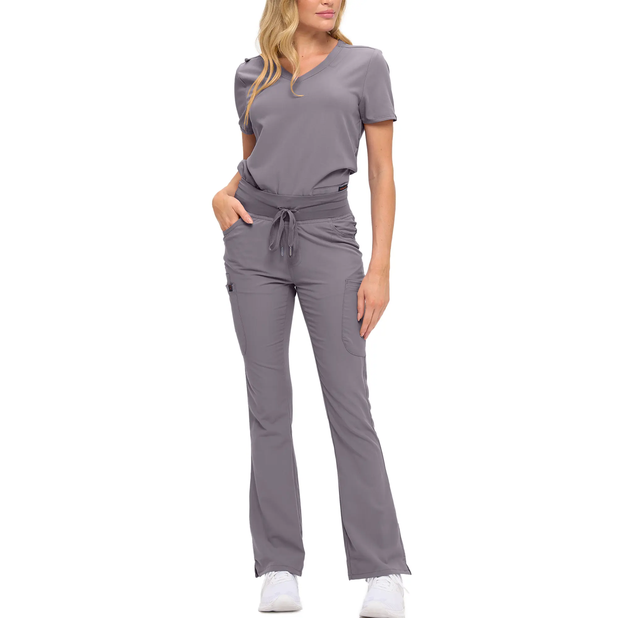 Wholesale women's gray scrub set with short-sleeve top and flare pants with drawstring waist and cargo pockets