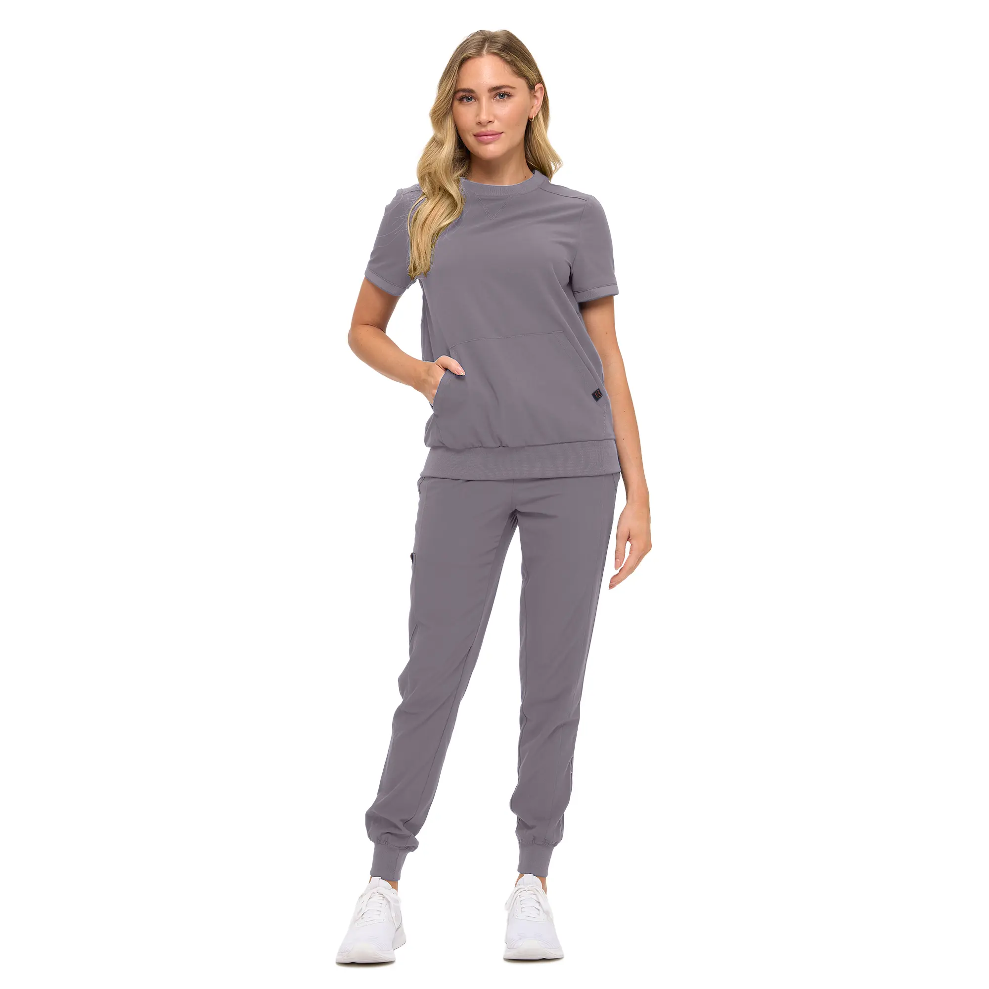 Wholesale women's gray short-sleeve t-shirt and jogger pants set with pockets