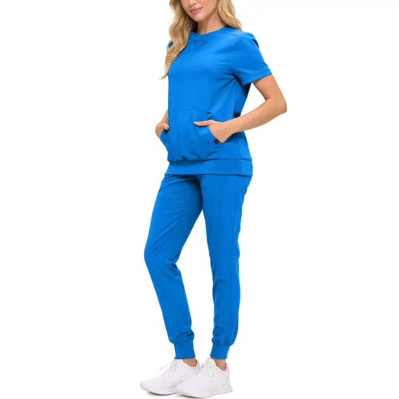 Wholesale women's blue short sleeve scrub top and jogger pants set with pockets