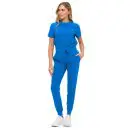 Wholesale women's blue short sleeve t-shirt and jogger pants set with drawstring waist and pockets