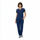 Wholesale women's navy blue v-neck scrub top and cargo pants set with short sleeves