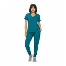 Wholesale women's teal v-neck scrub top and jogger pants set with short sleeves