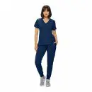 Wholesale women's navy blue v-neck scrub top and jogger pants set with short sleeves