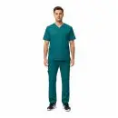 Wholesale men's teal v-neck scrub top and cargo pants set with multiple pockets