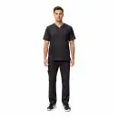 Wholesale men's black scrubs set with v-neck top, chest pocket, and cargo pants with multiple pockets
