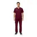 Wholesale men's burgundy scrub set with v-neck top, chest pocket, and cargo pants with multiple pockets