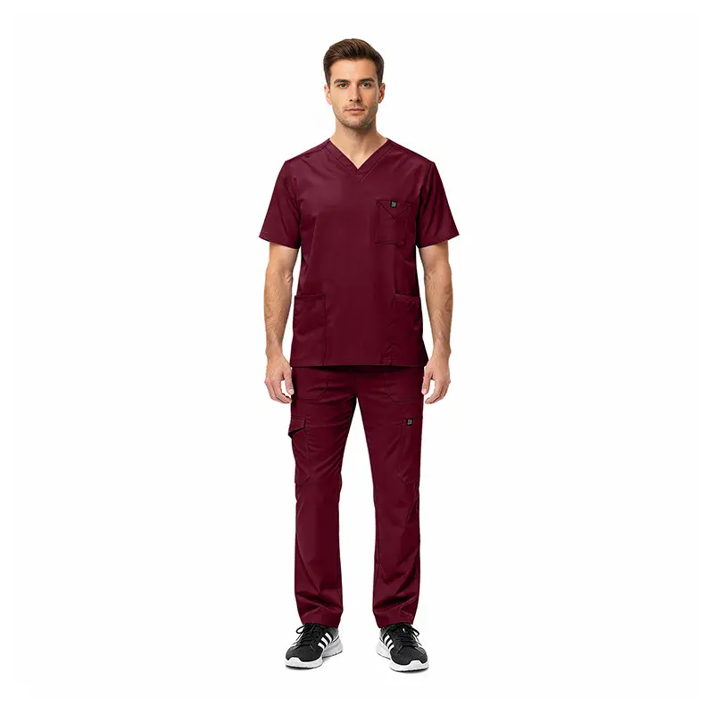 Wholesale men's burgundy scrub set with v-neck top, chest pocket, and cargo pants with multiple pockets