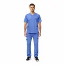 Wholesale men's blue scrubs set with short-sleeve v-neck top and cargo pants with multiple pockets