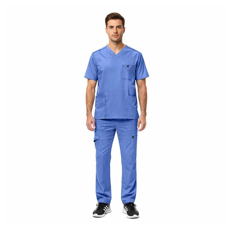 Wholesale men's blue scrubs set with short-sleeve v-neck top and cargo pants with multiple pockets