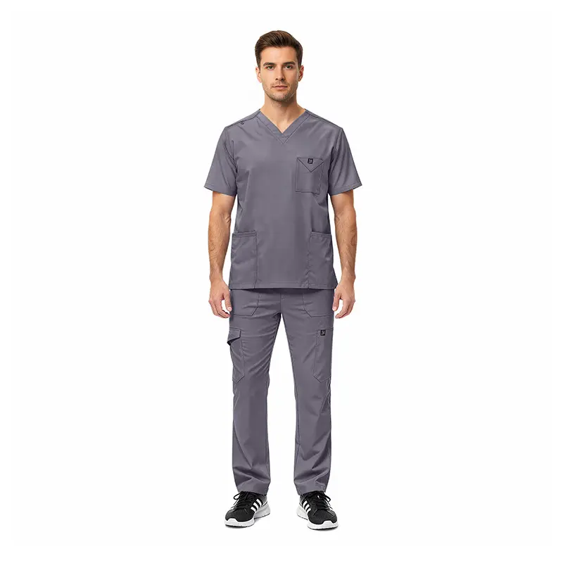 Wholesale men's gray v-neck scrub top and cargo pants set with multiple pockets