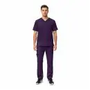 Wholesale men's purple v-neck scrub top and cargo pants set with short sleeves and multiple pockets