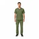 Wholesale men's olive green v-neck scrub top and cargo pants set with multiple pockets