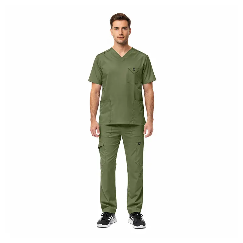Wholesale men's olive green v-neck scrub top and cargo pants set with multiple pockets