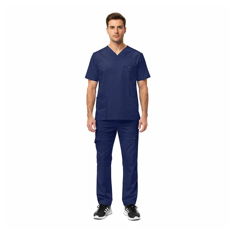 Wholesale men's navy blue scrubs set with v-neck top and cargo pants with pockets