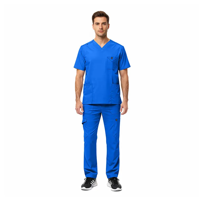Wholesale men's royal blue scrub set with v-neck top and cargo pants with multiple pockets