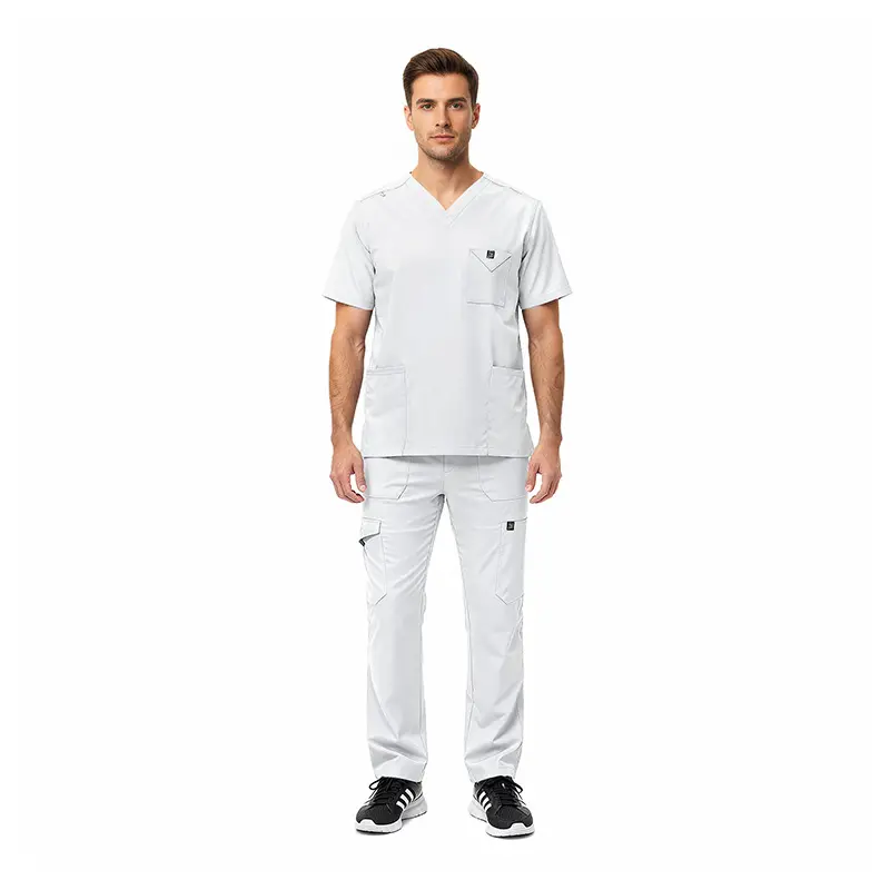 Wholesale men's white v-neck scrub top and pants set with multiple pockets and small logo detail