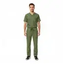Wholesale men's olive green scrub set with v-neck top, chest pocket, and cargo pants with drawstring waist