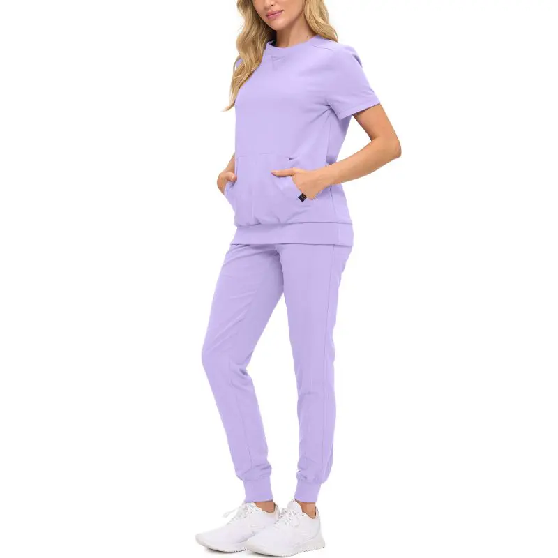 Wholesale women's lavender short-sleeve t-shirt and jogger pants set with pockets