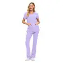 Wholesale women's lavender scrubs set with short-sleeve v-neck top and flared pants with pockets