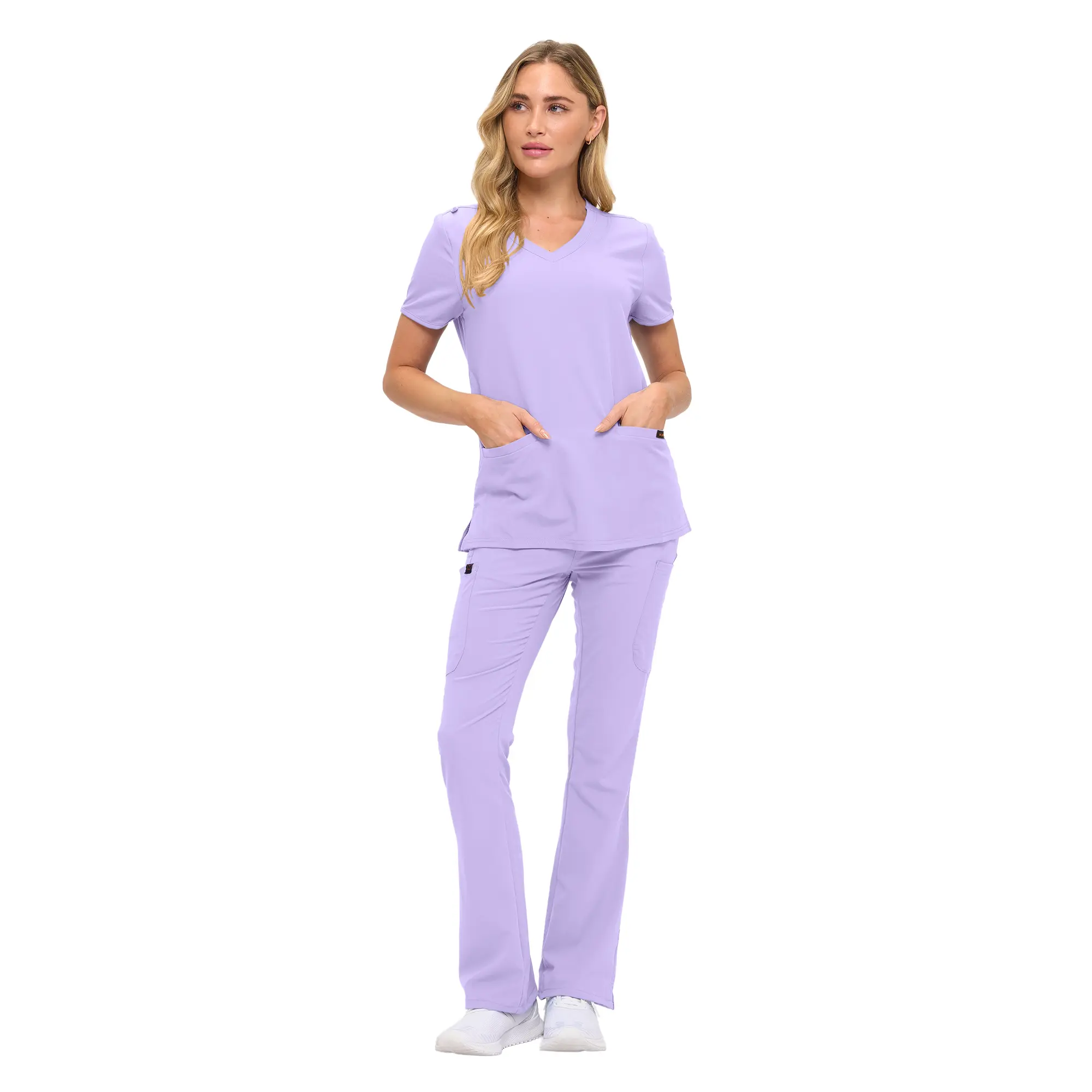 Wholesale women's lavender scrubs set with short-sleeve v-neck top and flared pants with pockets
