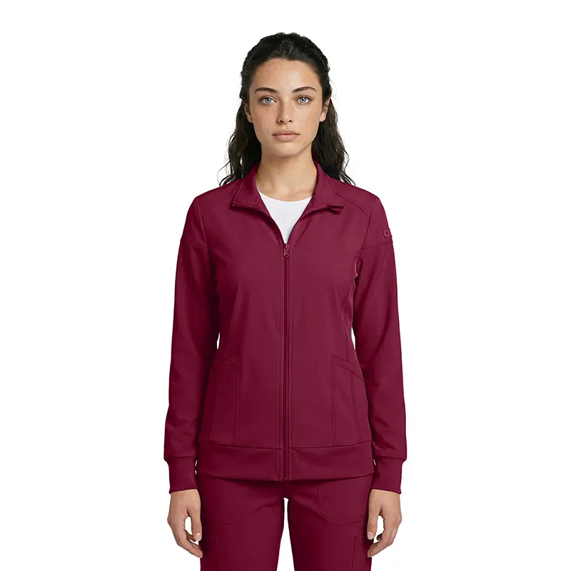 Wholesale women's burgundy zip-up track jacket with white undershirt