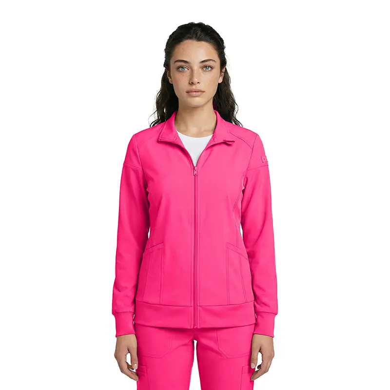Wholesale women's hot pink full-zip track jacket with white undershirt and matching cargo pants