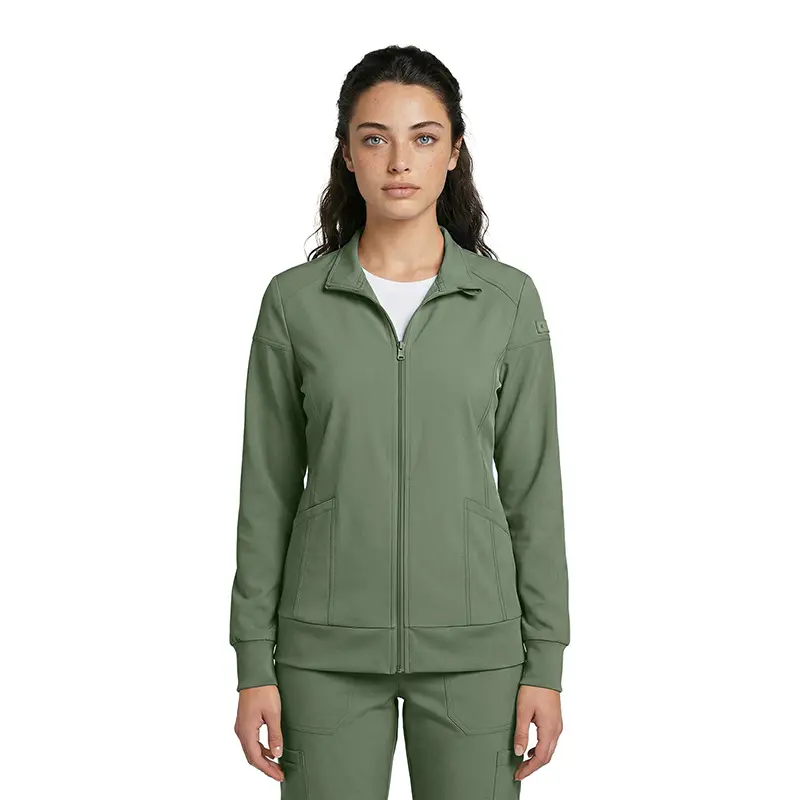 Wholesale women's sage green zip-up jacket with ribbed cuffs and side pockets
