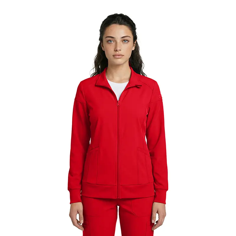 Wholesale women's red zip-up track jacket with white undershirt visible at neckline