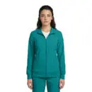 Wholesale women's teal zip-up jacket with collar and front pockets over white shirt