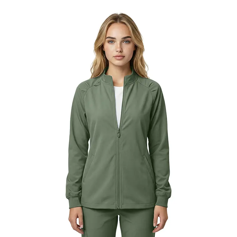 Wholesale women's sage green zip-up jacket with long sleeves and ribbed cuffs