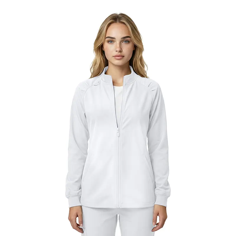 Wholesale women's white zip-up jacket with long sleeves and ribbed cuffs