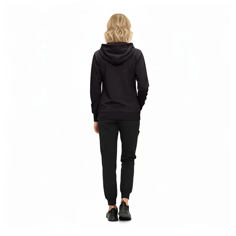 Wholesale women's black hoodie and jogger pants set, back view