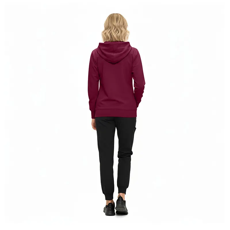 Wholesale women's maroon hoodie with black jogger pants and black sneakers, back view